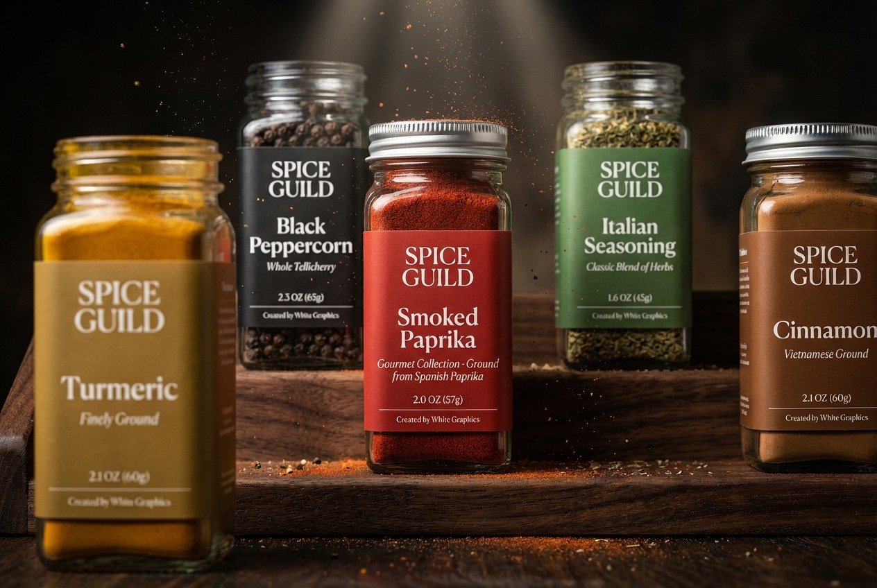 Custom spice jar labels on glass seasoning containers